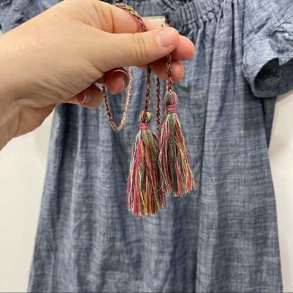 W Wrapper Chambray Split Neck Tassel Off The Shoulder Dress Small Blue - Picture 4 of 7